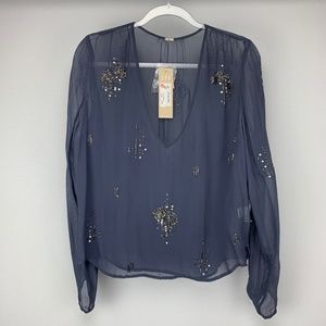 CHAN LUU Blue Semi-Sheer Sequin Embellished Blouse Small